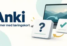 Anki – gratis pugging med flashcards for studenter Illustrasjon av Anki med læringskort, spørsmålstegn, en hake og repetisjonspiler foran en bærbar datamaskin.