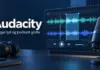 Audacity – slik redigerer du lyd og podkast gratis Illustrasjon av en podkastmikrofon, hodetelefoner og en skjerm med lydspor, med teksten «Audacity – Rediger lyd og podkast gratis».