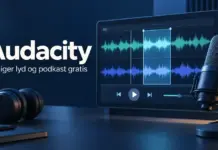 Audacity – slik redigerer du lyd og podkast gratis Illustrasjon av en podkastmikrofon, hodetelefoner og en skjerm med lydspor, med teksten «Audacity – Rediger lyd og podkast gratis».