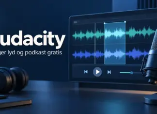 Audacity – slik redigerer du lyd og podkast gratis Illustrasjon av en podkastmikrofon, hodetelefoner og en skjerm med lydspor, med teksten «Audacity – Rediger lyd og podkast gratis».