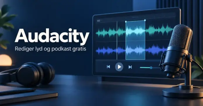 Illustrasjon av en podkastmikrofon, hodetelefoner og en skjerm med lydspor, med teksten «Audacity – Rediger lyd og podkast gratis».