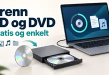 Brenne CD og DVD gratis: beste programmer og fremgangsmåte En bærbar datamaskin koblet til en ekstern CD- og DVD-brenner med blanke plater og teksten «Brenn CD og DVD – Gratis og enkelt».