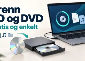 Brenne CD og DVD gratis: beste programmer og fremgangsmåte En bærbar datamaskin koblet til en ekstern CD- og DVD-brenner med blanke plater og teksten «Brenn CD og DVD – Gratis og enkelt».