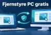 Fjernstyre PC gratis: slik deler du skjerm og styrer en annen datamaskin Illustrasjon av en bærbar PC og en stasjonær skjerm med samme skjermbilde, koblet sammen med piler og et sikkerhetsskjold for å vise trygg fjernstyring og skjermdeling.