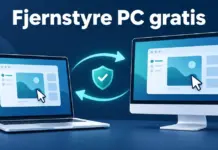 Fjernstyre PC gratis: slik deler du skjerm og styrer en annen datamaskin Illustrasjon av en bærbar PC og en stasjonær skjerm med samme skjermbilde, koblet sammen med piler og et sikkerhetsskjold for å vise trygg fjernstyring og skjermdeling.
