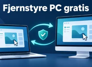 Fjernstyre PC gratis: slik deler du skjerm og styrer en annen datamaskin Illustrasjon av en bærbar PC og en stasjonær skjerm med samme skjermbilde, koblet sammen med piler og et sikkerhetsskjold for å vise trygg fjernstyring og skjermdeling.