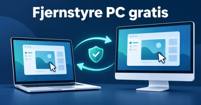 Fjernstyre PC gratis: slik deler du skjerm og styrer en annen datamaskin Illustrasjon av en bærbar PC og en stasjonær skjerm med samme skjermbilde, koblet sammen med piler og et sikkerhetsskjold for å vise trygg fjernstyring og skjermdeling.