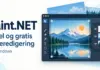 Paint.NET – enkelt og gratis bilderedigeringsprogram for Windows Illustrasjon av et bilderedigeringsprogram med et landskapsbilde, beskjæringsramme og lagpanel, ved siden av teksten «Paint.NET – Enkel og gratis bilderedigering – For Windows».