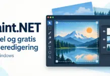 Paint.NET – enkelt og gratis bilderedigeringsprogram for Windows Illustrasjon av et bilderedigeringsprogram med et landskapsbilde, beskjæringsramme og lagpanel, ved siden av teksten «Paint.NET – Enkel og gratis bilderedigering – For Windows».