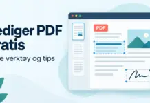 Rediger PDF gratis: de beste verktøyene og slik gjør du det Illustrasjon av et PDF-dokument med verktøy for å redigere tekst, bilder og signaturer, ved siden av teksten «Rediger PDF gratis».