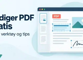 Rediger PDF gratis: de beste verktøyene og slik gjør du det Illustrasjon av et PDF-dokument med verktøy for å redigere tekst, bilder og signaturer, ved siden av teksten «Rediger PDF gratis».