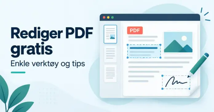 Illustrasjon av et PDF-dokument med verktøy for å redigere tekst, bilder og signaturer, ved siden av teksten «Rediger PDF gratis».