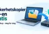 Sikkerhetskopiere PC gratis – slik tar du full backup Illustrasjon av en bærbar PC som sikkerhetskopierer bilder og dokumenter til en ekstern harddisk, med et skjold som symboliserer trygg lagring.