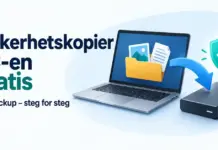Sikkerhetskopiere PC gratis – slik tar du full backup Illustrasjon av en bærbar PC som sikkerhetskopierer bilder og dokumenter til en ekstern harddisk, med et skjold som symboliserer trygg lagring.