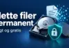 Slette filer permanent – slik sletter du data trygt og gratis Illustrasjon av en harddisk, en SSD og et dokument som løses opp i små piksler, med et låst skjold og teksten «Slette filer permanent – Trygt og gratis».