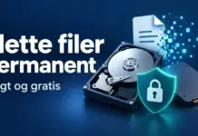 Slette filer permanent – slik sletter du data trygt og gratis Illustrasjon av en harddisk, en SSD og et dokument som løses opp i små piksler, med et låst skjold og teksten «Slette filer permanent – Trygt og gratis».