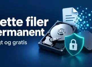 Slette filer permanent – slik sletter du data trygt og gratis Illustrasjon av en harddisk, en SSD og et dokument som løses opp i små piksler, med et låst skjold og teksten «Slette filer permanent – Trygt og gratis».
