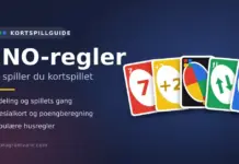 Uno regler – slik spiller du kortspillet UNO Illustrasjon til guide om UNO-regler med fem fargerike spillkort – tallkort, «Trekk to», «Bytt retning», «Hopp over» og et villkort – ved siden av overskriften «UNO-regler».