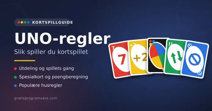Illustrasjon til guide om UNO-regler med fem fargerike spillkort – tallkort, «Trekk to», «Bytt retning», «Hopp over» og et villkort – ved siden av overskriften «UNO-regler».