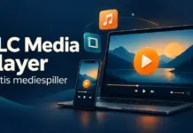 VLC Media Player – gratis mediespiller som spiller av alt Illustrasjon av en bærbar PC og en mobil med medieavspilling, omgitt av symboler for musikk, video og plate, med teksten «VLC Media Player – Gratis mediespiller».