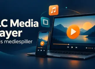 VLC Media Player – gratis mediespiller som spiller av alt Illustrasjon av en bærbar PC og en mobil med medieavspilling, omgitt av symboler for musikk, video og plate, med teksten «VLC Media Player – Gratis mediespiller».