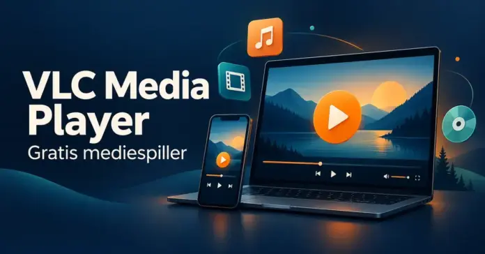 Illustrasjon av en bærbar PC og en mobil med medieavspilling, omgitt av symboler for musikk, video og plate, med teksten «VLC Media Player – Gratis mediespiller».