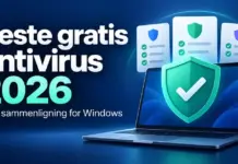Beste gratis antivirus i 2026 – stor sammenligning for Windows Illustrasjon av en bærbar PC med et grønt sikkerhetsskjold og sammenligningskort, med teksten «Beste gratis antivirus 2026 – Stor sammenligning for Windows».
