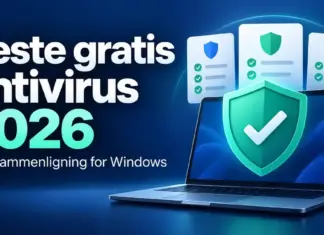 Beste gratis antivirus i 2026 – stor sammenligning for Windows Illustrasjon av en bærbar PC med et grønt sikkerhetsskjold og sammenligningskort, med teksten «Beste gratis antivirus 2026 – Stor sammenligning for Windows».