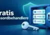 Beste gratis passordbehandler: Bitwarden, KeePass og trygge alternativer Illustrasjon av et digitalt passordhvelv med maskerte passord, grønne hakemerker og en nøkkel ved siden av teksten «Gratis passordbehandlere».