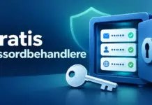 Beste gratis passordbehandler: Bitwarden, KeePass og trygge alternativer Illustrasjon av et digitalt passordhvelv med maskerte passord, grønne hakemerker og en nøkkel ved siden av teksten «Gratis passordbehandlere».