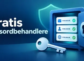 Beste gratis passordbehandler: Bitwarden, KeePass og trygge alternativer Illustrasjon av et digitalt passordhvelv med maskerte passord, grønne hakemerker og en nøkkel ved siden av teksten «Gratis passordbehandlere».