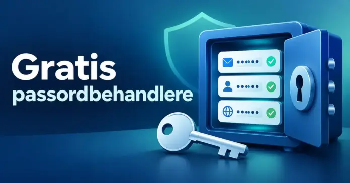 Illustrasjon av et digitalt passordhvelv med maskerte passord, grønne hakemerker og en nøkkel ved siden av teksten «Gratis passordbehandlere».