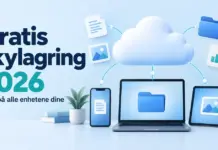 Beste gratis skylagring i 2026: Google Drive, OneDrive og Dropbox Illustrasjon av en sky koblet til en bærbar PC, mobil og nettbrett, med teksten «Gratis skylagring 2026» og «Filer på alle enhetene dine».