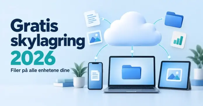 Illustrasjon av en sky koblet til en bærbar PC, mobil og nettbrett, med teksten «Gratis skylagring 2026» og «Filer på alle enhetene dine».