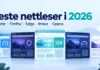 Beste nettleser i 2026 – Chrome, Firefox, Edge, Brave og Opera Fem stiliserte nettleservinduer med symboler for fart, personvern og strømforbruk under overskriften «Beste nettleser i 2026» og navnene Chrome, Firefox, Edge, Brave og Opera.