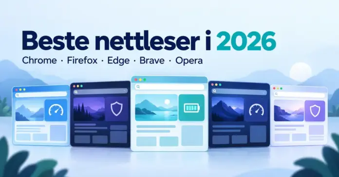 Fem stiliserte nettleservinduer med symboler for fart, personvern og strømforbruk under overskriften «Beste nettleser i 2026» og navnene Chrome, Firefox, Edge, Brave og Opera.