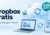 Dropbox gratis – slik fungerer skylagringen og gratiskontoen Illustrasjon av filer som synkroniseres mellom en sky, en bærbar PC og en mobiltelefon, med teksten «Dropbox gratis» og «2 GB gratis».