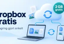 Dropbox gratis – slik fungerer skylagringen og gratiskontoen Illustrasjon av filer som synkroniseres mellom en sky, en bærbar PC og en mobiltelefon, med teksten «Dropbox gratis» og «2 GB gratis».