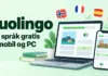 Duolingo – slik lærer du språk gratis på mobil og PC Illustrasjon av en mobil og en bærbar PC med språkøvelser og flagg i snakkebobler, med teksten «Duolingo – Lær språk gratis på mobil og PC».