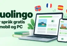 Duolingo – slik lærer du språk gratis på mobil og PC Illustrasjon av en mobil og en bærbar PC med språkøvelser og flagg i snakkebobler, med teksten «Duolingo – Lær språk gratis på mobil og PC».
