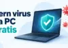Fjerne virus fra PC gratis – slik rydder du opp i skadevare Illustrasjon av en bærbar PC med et beskyttelsesskjold og røde skadevaresymboler som løses opp, ved siden av teksten «Fjern virus fra PC – Gratis».