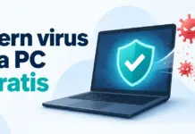 Fjerne virus fra PC gratis – slik rydder du opp i skadevare Illustrasjon av en bærbar PC med et beskyttelsesskjold og røde skadevaresymboler som løses opp, ved siden av teksten «Fjern virus fra PC – Gratis».