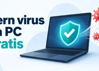 Fjerne virus fra PC gratis – slik rydder du opp i skadevare Illustrasjon av en bærbar PC med et beskyttelsesskjold og røde skadevaresymboler som løses opp, ved siden av teksten «Fjern virus fra PC – Gratis».