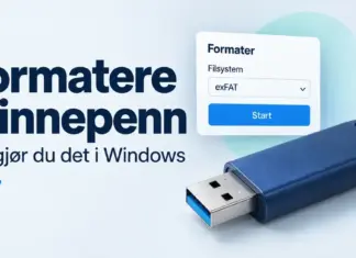 Formatere minnepenn: slik formaterer du USB-stick i Windows Illustrasjon av en blå USB-minnepenn ved siden av et formateringsvindu med exFAT valgt og teksten «Formatere minnepenn – Slik gjør du det i Windows».