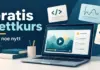 Gratis nettkurs: de beste plattformene for å lære noe nytt Illustrasjon av en bærbar datamaskin med et nettkurs, symboler for programmering, matematikk og kunstig intelligens og teksten «Gratis nettkurs – Lær noe nytt».