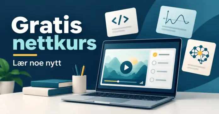 Illustrasjon av en bærbar datamaskin med et nettkurs, symboler for programmering, matematikk og kunstig intelligens og teksten «Gratis nettkurs – Lær noe nytt».