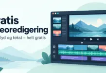 Gratis videoredigering: de beste programmene for å redigere video Illustrasjon av et videoredigeringsprogram med forhåndsvisning av et fjellandskap og en tidslinje med video, lyd og tekst, ved siden av overskriften «Gratis videoredigering».