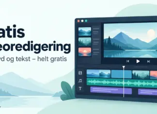 Gratis videoredigering: de beste programmene for å redigere video Illustrasjon av et videoredigeringsprogram med forhåndsvisning av et fjellandskap og en tidslinje med video, lyd og tekst, ved siden av overskriften «Gratis videoredigering».