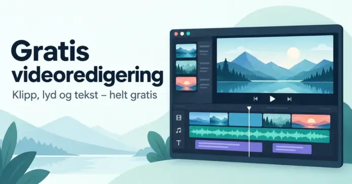 Illustrasjon av et videoredigeringsprogram med forhåndsvisning av et fjellandskap og en tidslinje med video, lyd og tekst, ved siden av overskriften «Gratis videoredigering».