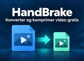 HandBrake – slik konverterer og komprimerer du video gratis Illustrasjon av en stor videofil som konverteres til en mindre fil med HandBrake, med teksten «Konverter og komprimer video gratis».